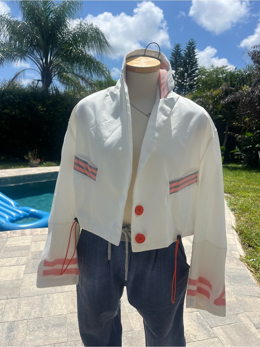 H4 Avant Garde White Cropped Hooded Jacket Mesh Trim Orange Buttons 38